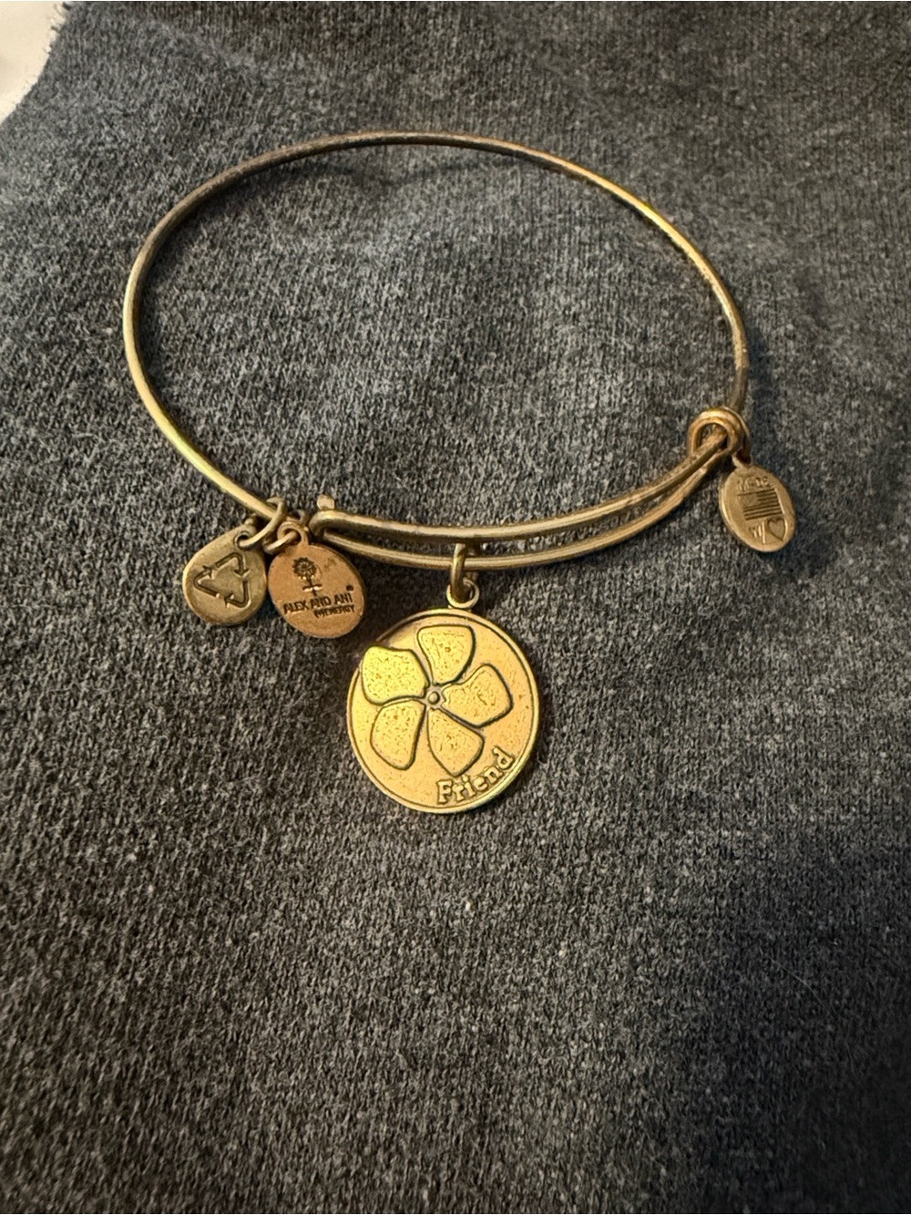 Alex and Ani vintage  Gold-Tone Charm Bangle Bracelet with 'Friend' Clover Charm